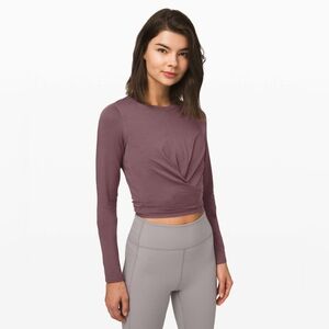Lululemon Women Time to Restore Shirt Long Sleeve Crop Tie Front Antique Bark